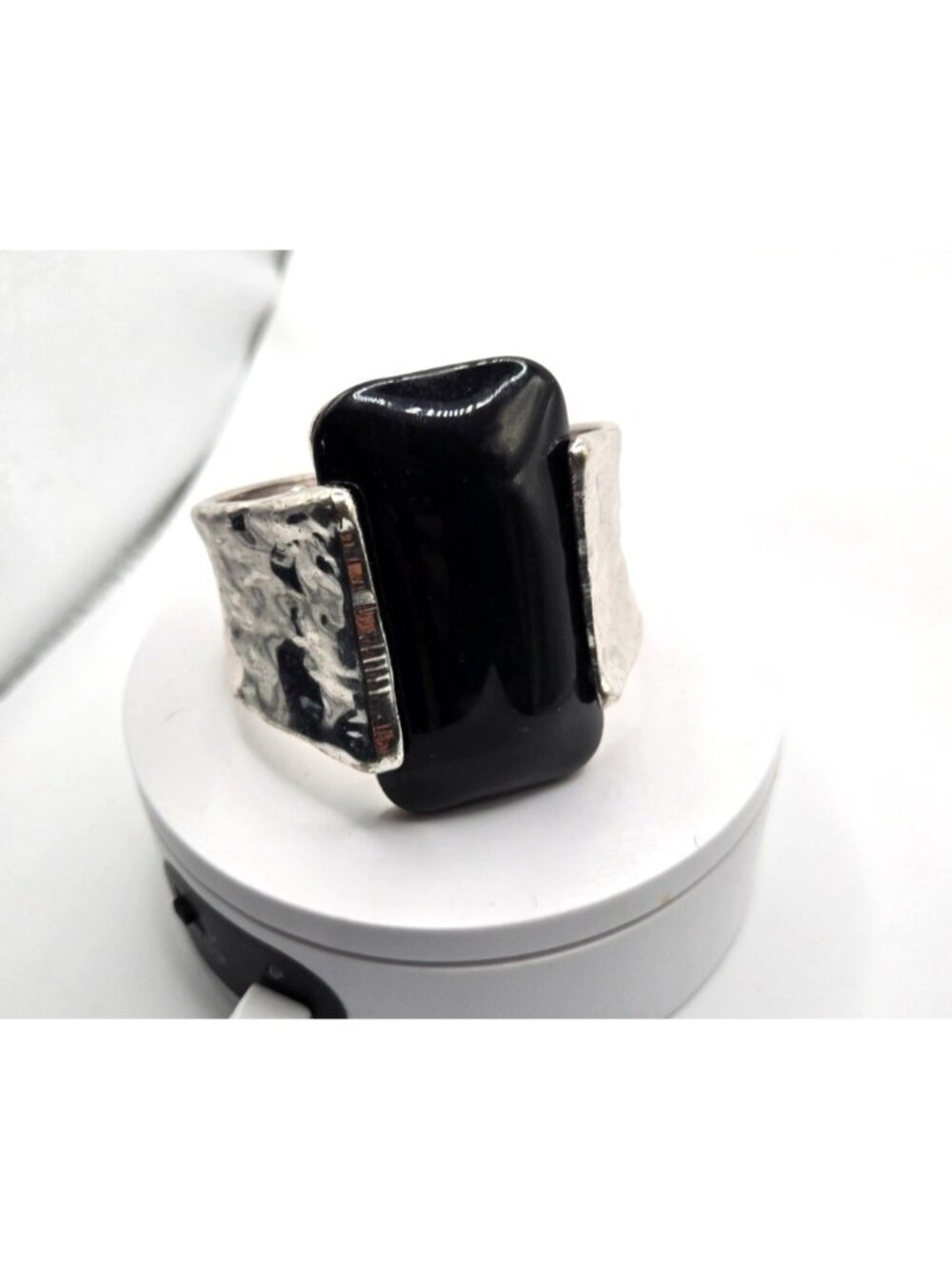 intage Chunky Silver Tone Clamper Bracelet Black Stone Statement
